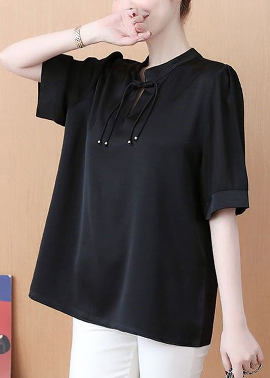 Loose Black Stand Collar Buttonpatchwork Chiffon Tops Summer