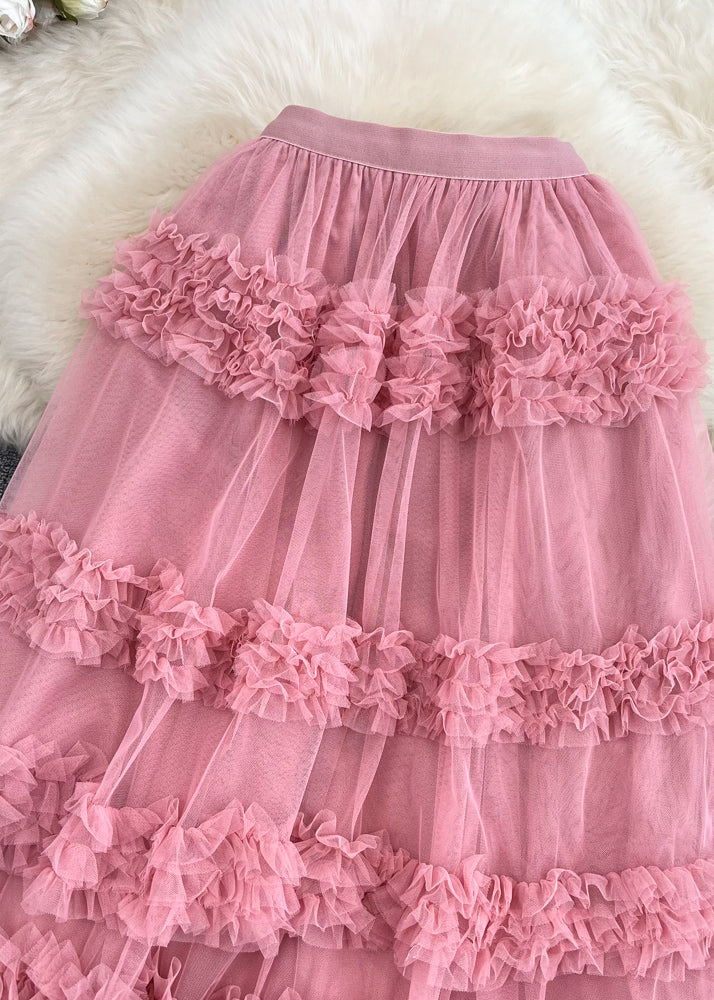 Pink Ruffled Patchwork Tulle Cake Skirt Spring