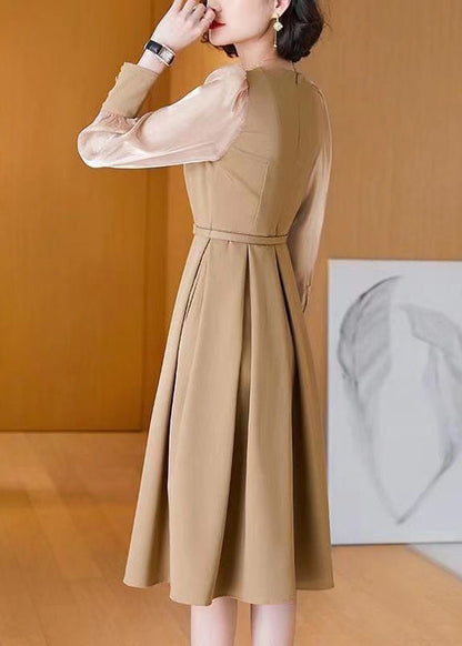 Khaki Patchwork Spandex a Line Dresses Cinched Spring