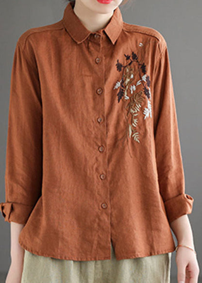Caramel Peter Pan Collar Button Linen Shirt Long Sleeve