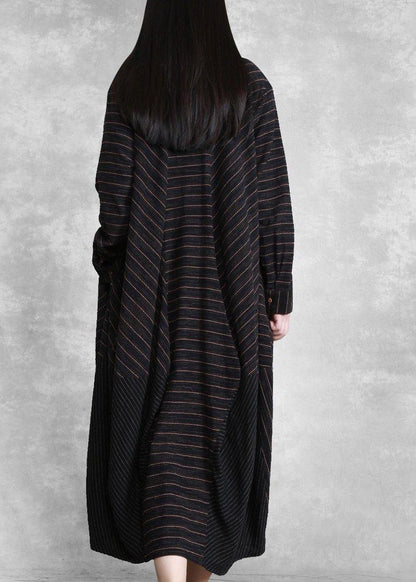 Natural Black Striped Linen Dresses Spring Gown