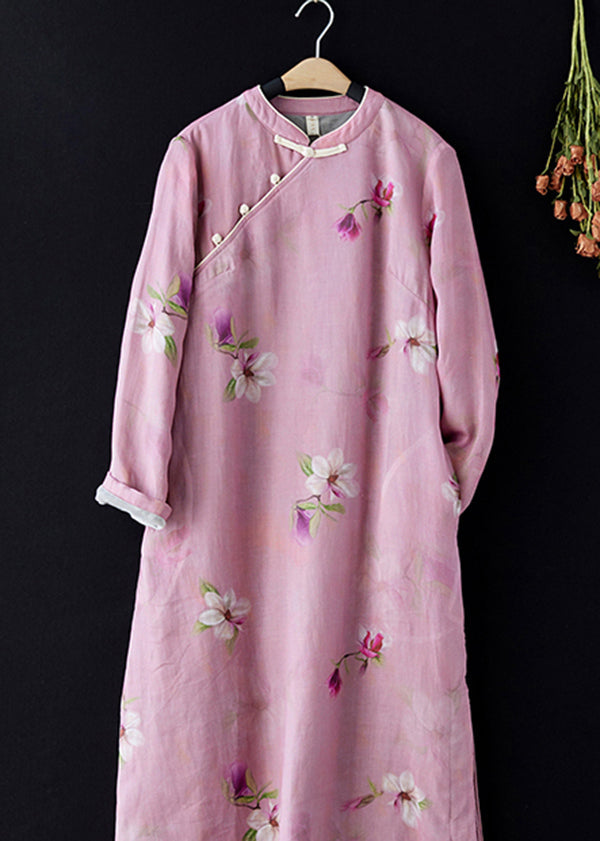 Pink Stand Collar Print Side Open Warm Fleece Dress Spring