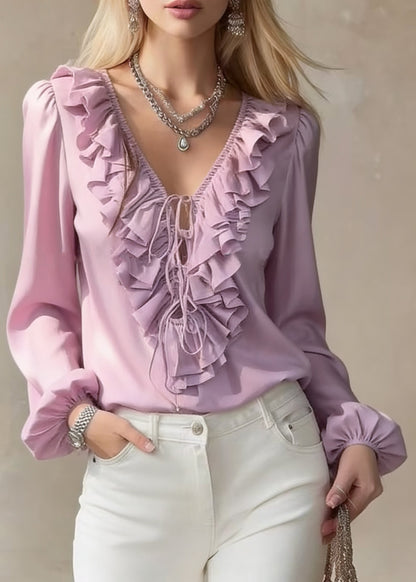Purple Ruffled Lace Up Chiffon Blouses V Neck Lantern Sleeve Spring