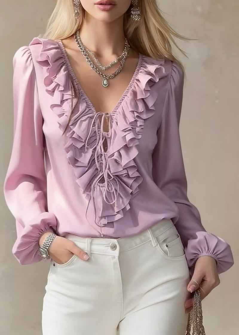 Purple Ruffled Lace Up Chiffon Blouses V Neck Lantern Sleeve Spring