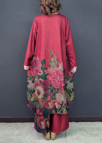Loose Red Asymmetrical Print Silk Dress and Wide Leg Pants Two Pieces Set Spring