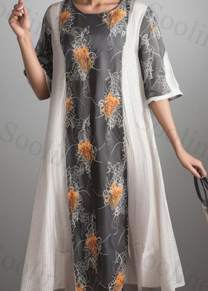 Loose Colorblock O Neck Print Patchwork Silk Dress Summer