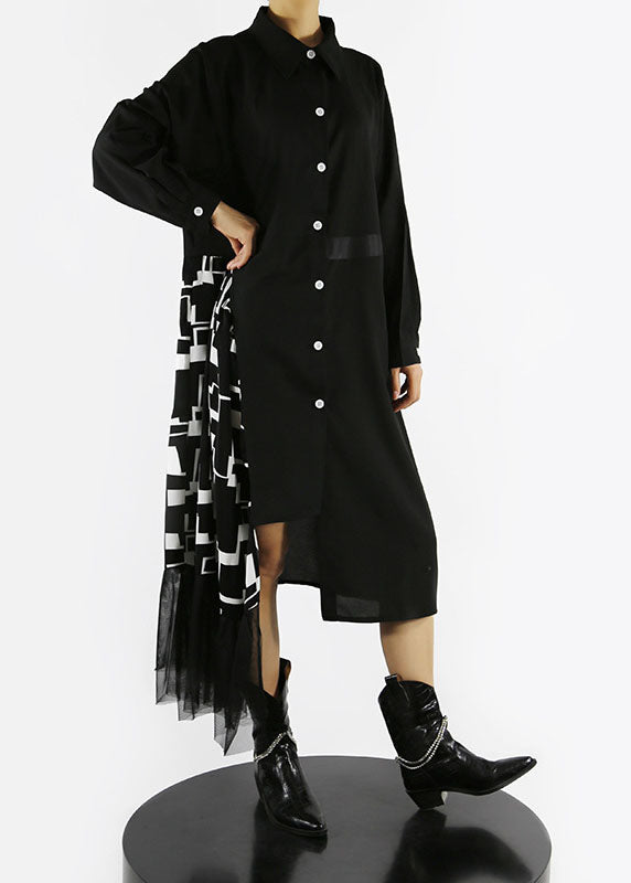 Loose Black Button Asymmetrical Design Peter Pan Collar Patchwork Shirt Dresses Spring