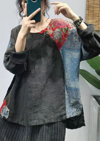 Black Low High Design Linen Blouses Top Long Sleeve