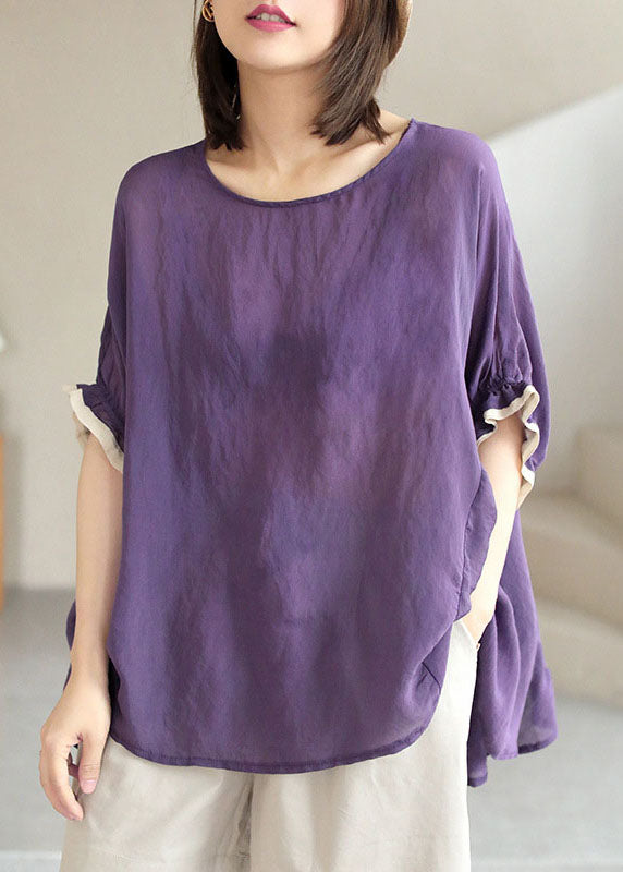 Purple O-neck Patchwork Ruffled Fall Shirt Half Sleeve
