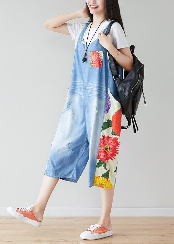 Light Blue Oversized Patchwork Print Cotton Denim Jumpsuits Summer