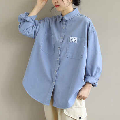 Organic Blue Smiling Face Top Lapel Button Down Midi Spring Shirts