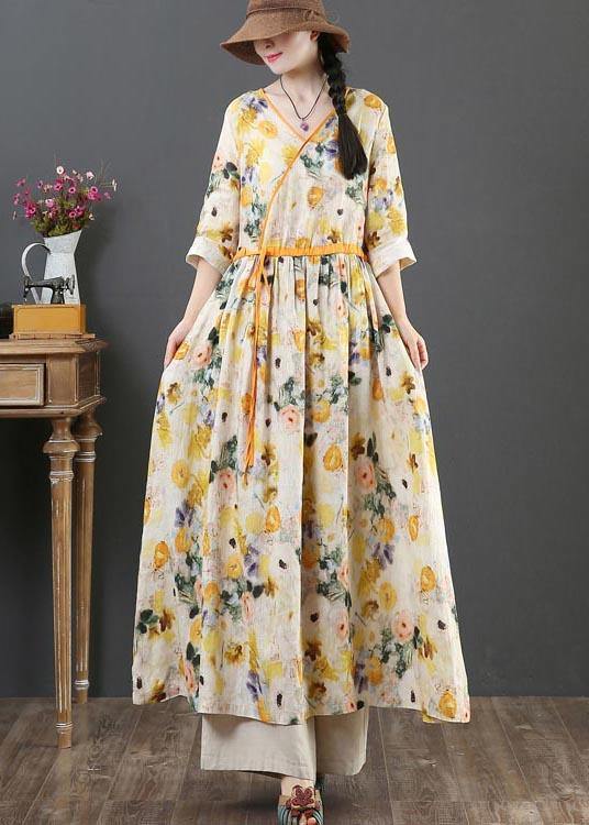 Yellow Print Linen Dress V Necktie Waist Summer Robe Dresses