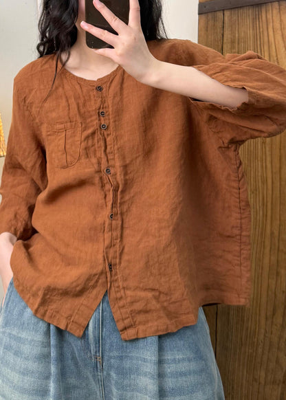Linen Color O Neck Button Cotton Blouses Fall