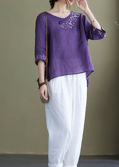 Diy Purple Embroideried Side Open Half Sleeve Top