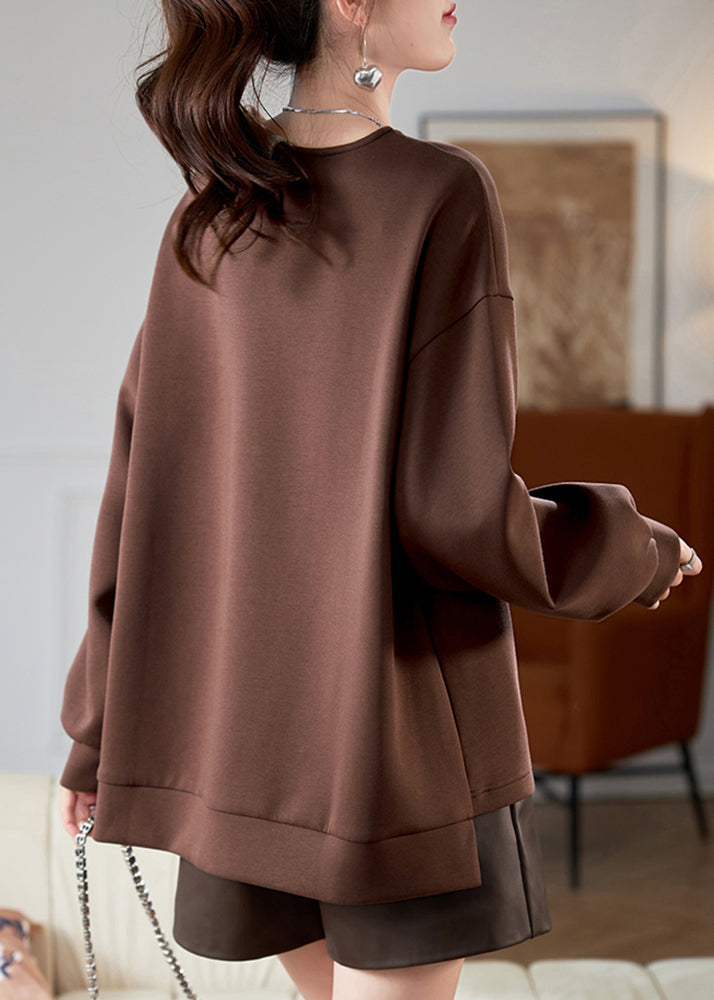 Loose Coffee O-neck Print Side Open Sweatshirts Spring