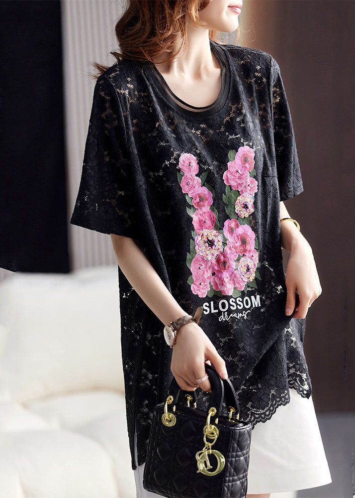 Black O-neck Print Hollow Out Lace Top Short Sleeve