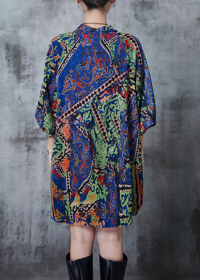 Green Print Draping Silk Tea Dress Spring