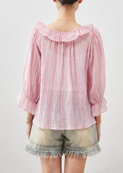 Pink Bow Wrinkled Cotton Shirts Fall