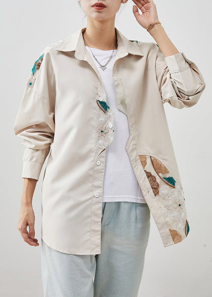 Beige Patchwork Cotton Shirts Embroideried Fall