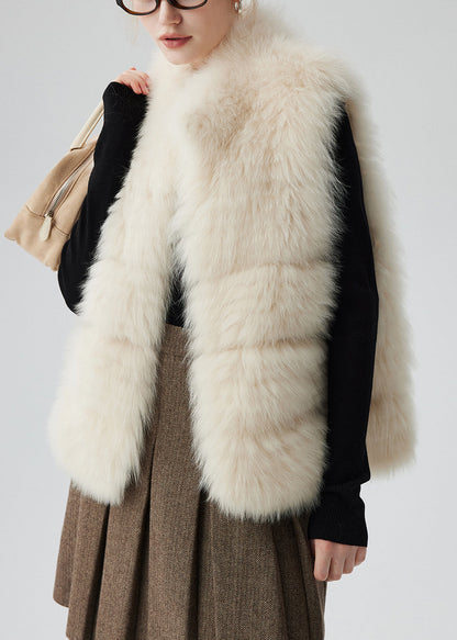Beige Pockets Leather and Fur Waistcoat Winter