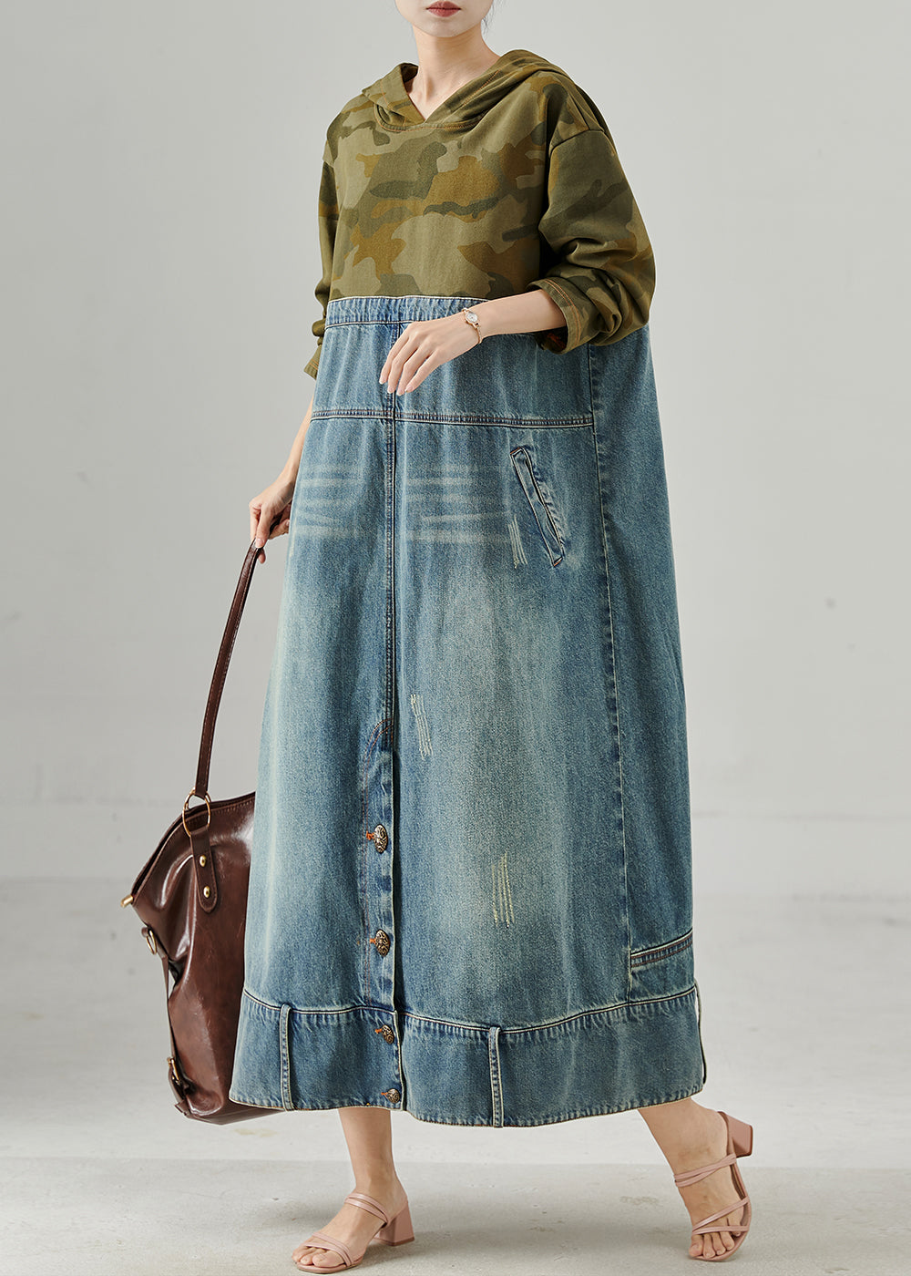Original Design Hooded Patchwork Denim Maxi Dress Spring