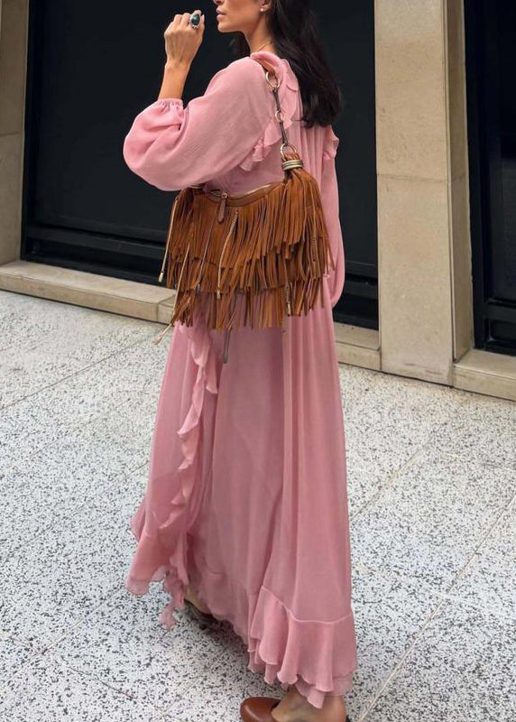 Pink V Neck Ruffled Chiffon Long Dress Fall