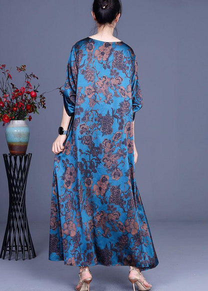 Blue Vogue Print Summer Silk Robe Dresses Half Sleeve