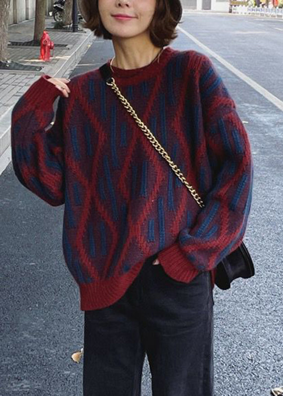 Dark Blue O-neck Thick Plaid Knit Sweaters Fall