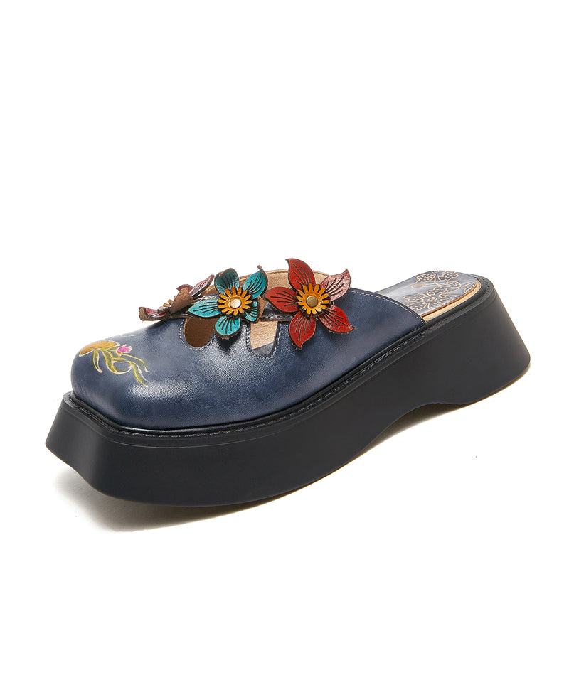 Handmade Splicing Platform Blue Cowhide Leather Slide Sandals