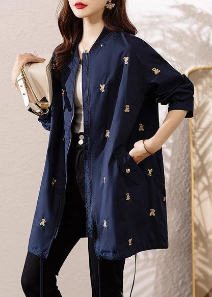 Navy Bear Embroidered Spandex Trench Coats Fall