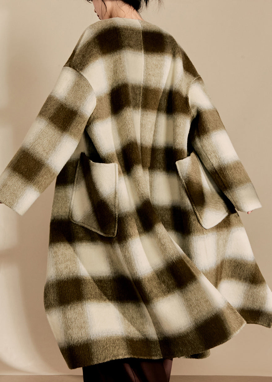 V Neck Pockets Plaid Woolen Maxi Coats Fall