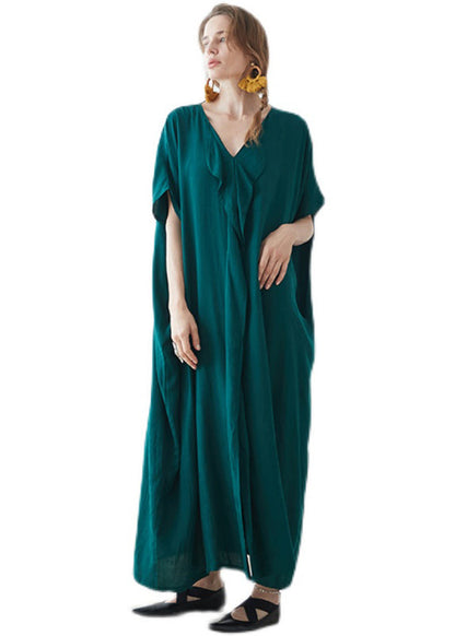 Blackish Green V Neck Pockets Patchwork Cotton Maxi Dress Summer