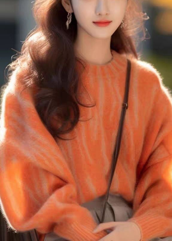 Orange O Neck Cozy Cotton Knit Sweaters Long Sleeve