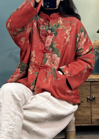 Loose Red Button Print Cotton Filled Coats Long Sleeve