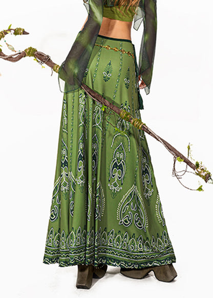 Art Green Print High Waist a Line Skirt Summer