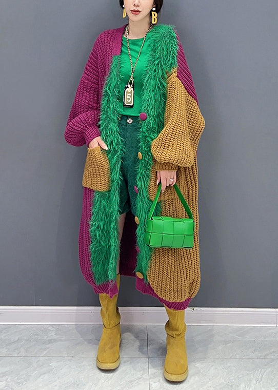 Green V Neck Button Pockets Patchwork Knit Cardigan Fall
