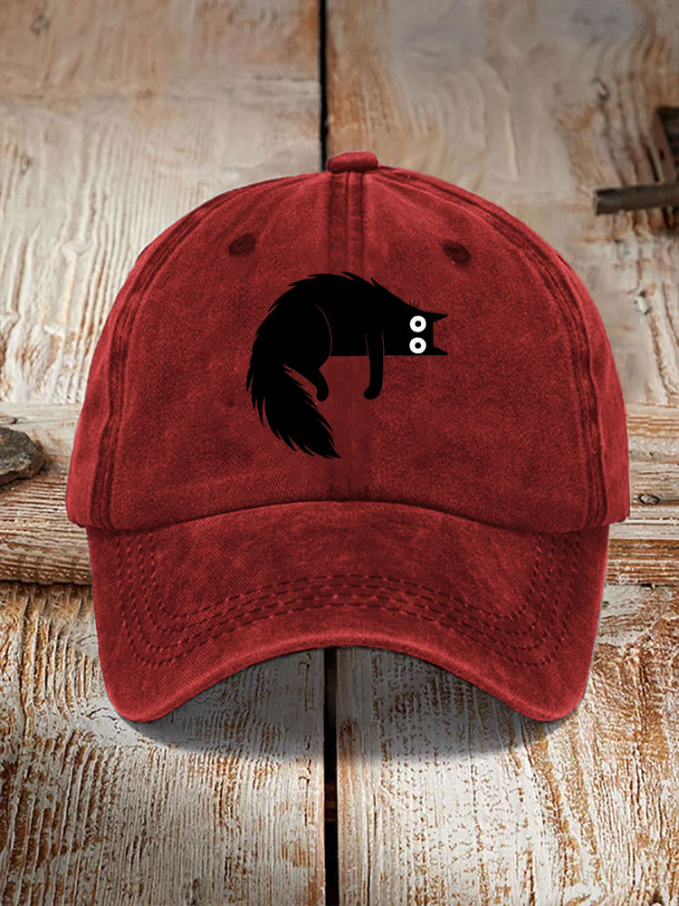 Japanese Art Black Cat Print Washed Hat elevenforest