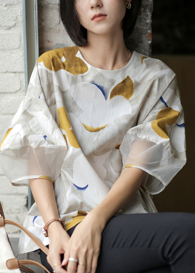 Modern Chocolate Colour O-neck Print Button Tops Half Sleeve