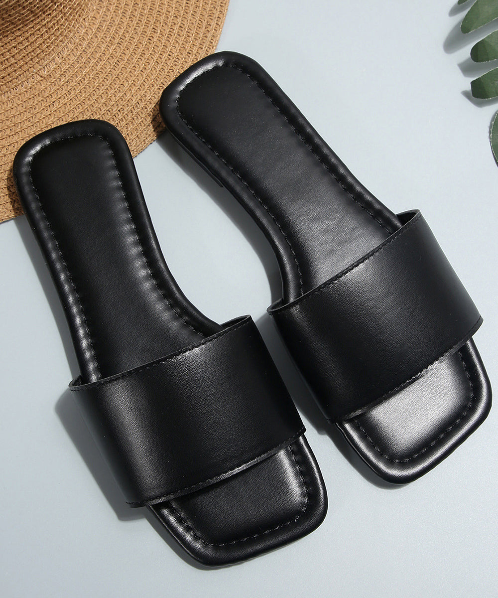 Black Faux Leather Slide Sandals Peep Toe