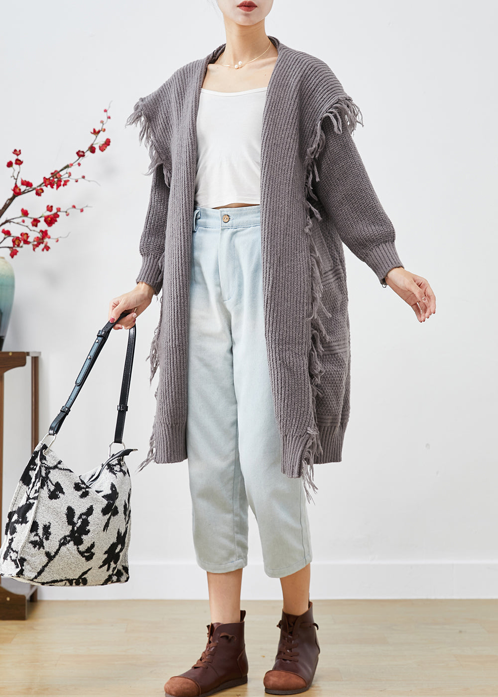 Grey Tasseled Sailor Collar Knit Cardigans Summer