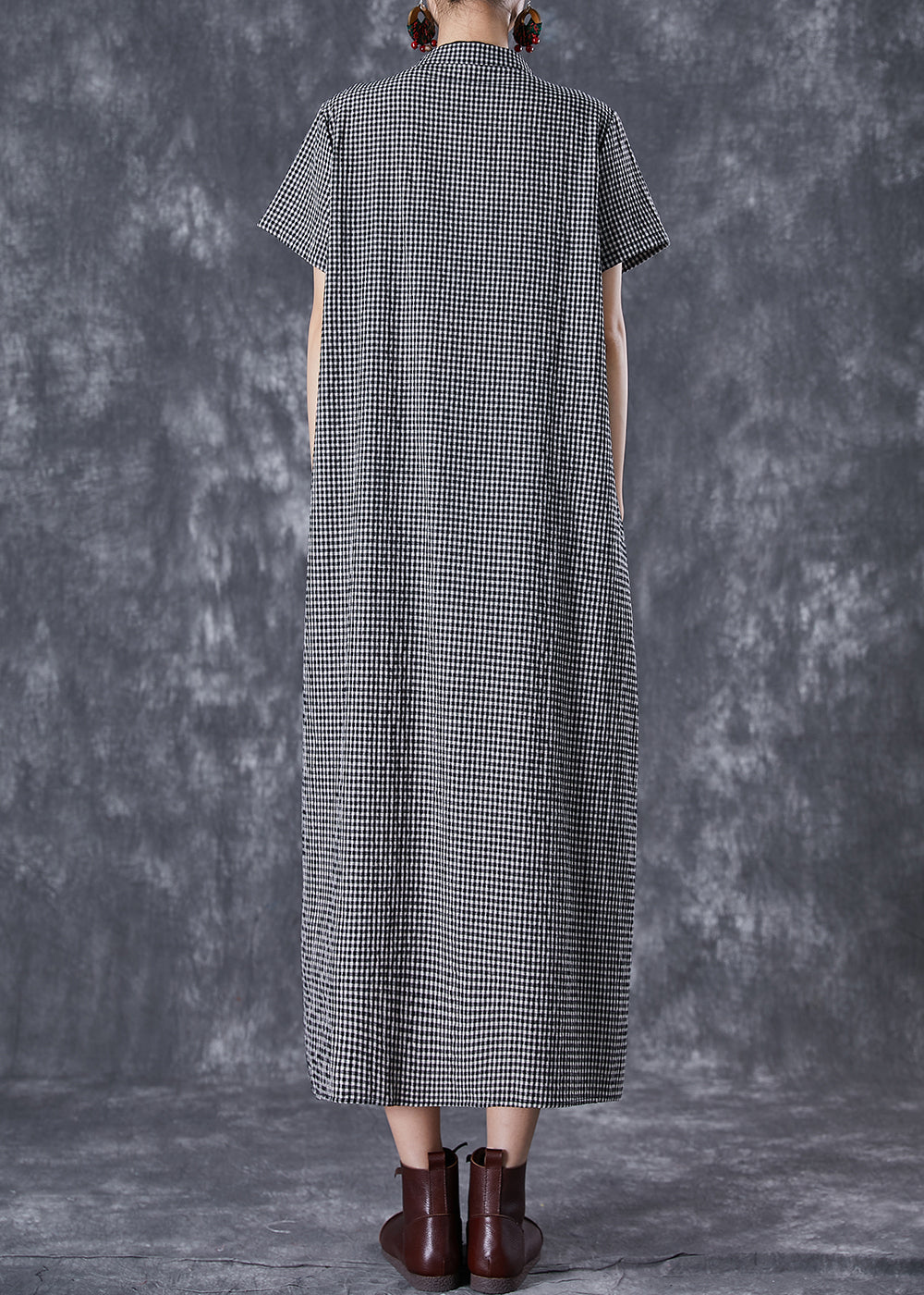 Black Plaid Patchwork Linen Cheongsam Dresses Summer