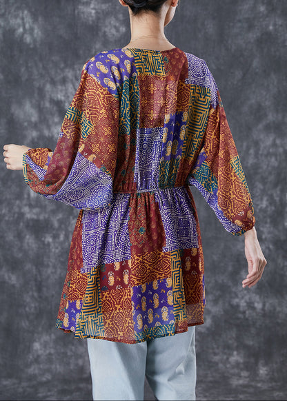 Red Oversized Print Silk Holiday Dress Fall