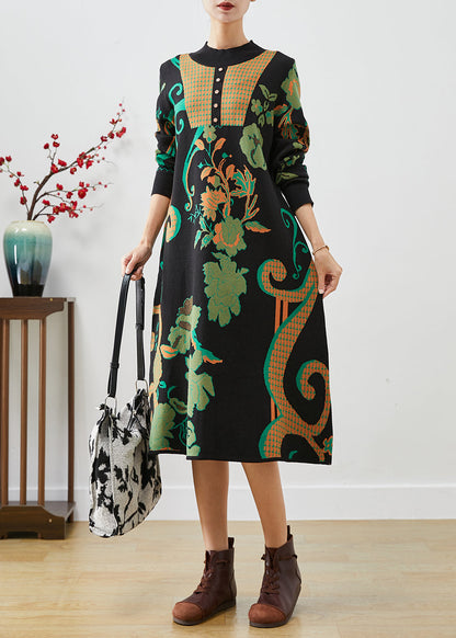 Fine Black Print Slim Fit Cotton a Line Dress Fall