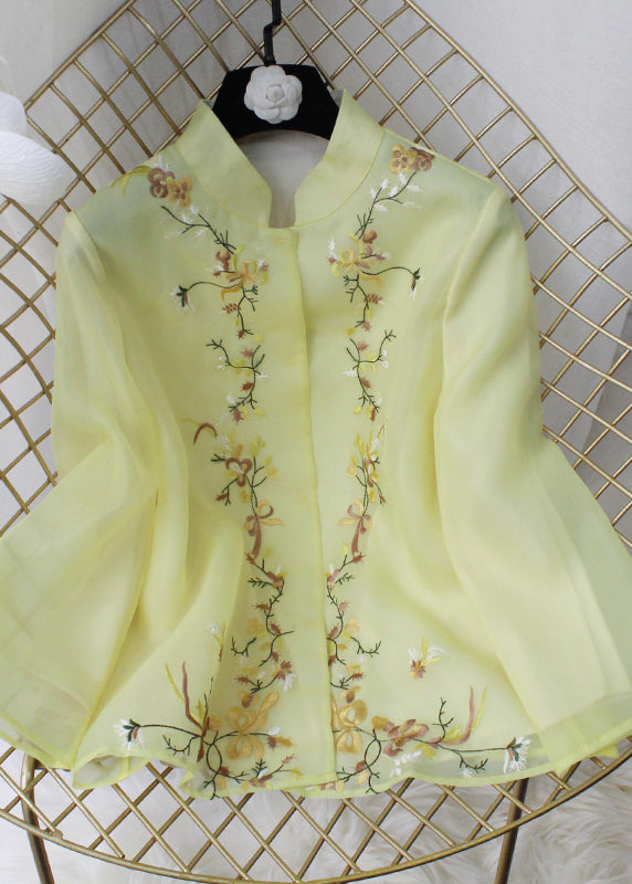 Simple Yellow Stand Collar Embroideried Chiffon Coat Long Sleeve