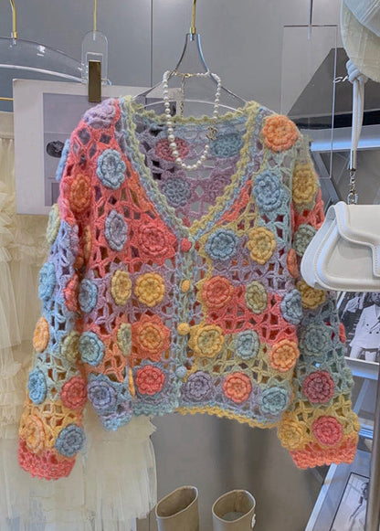 Handmade Rainbow V Neck Hollow Out Knit Cardigan Fall