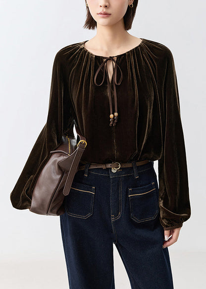 Loose Coffee Wrinkled Lace Up Silk Velour Shirt Fall