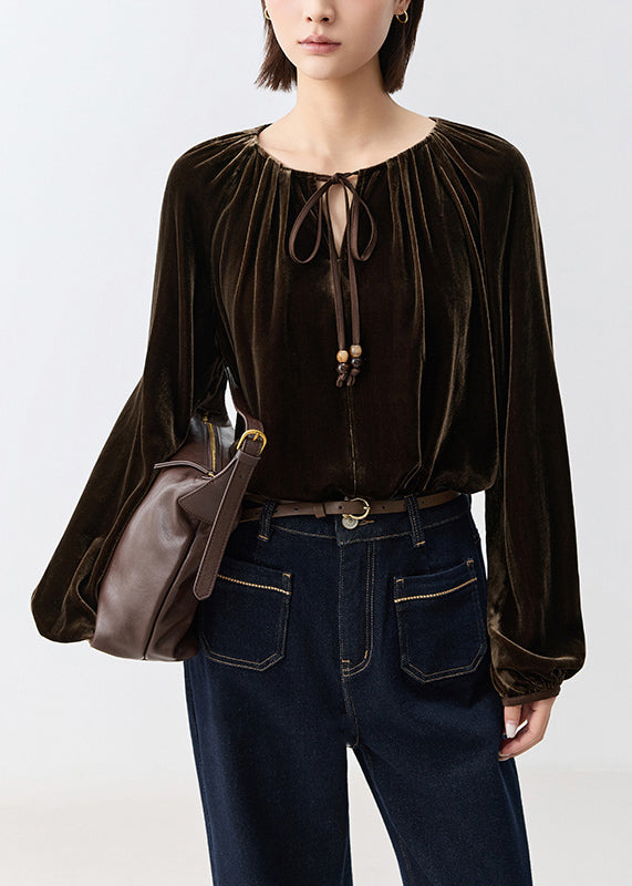 Loose Coffee Wrinkled Lace Up Silk Velour Shirt Fall