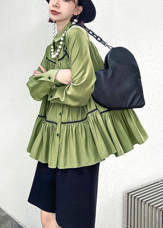 Organic Green Peterpan Collar Button Wrinkled Fall Blouses Long Sleeve
