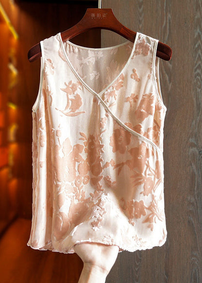Yellow V Neck Patchwork Print Silk Tanks Sleeveless