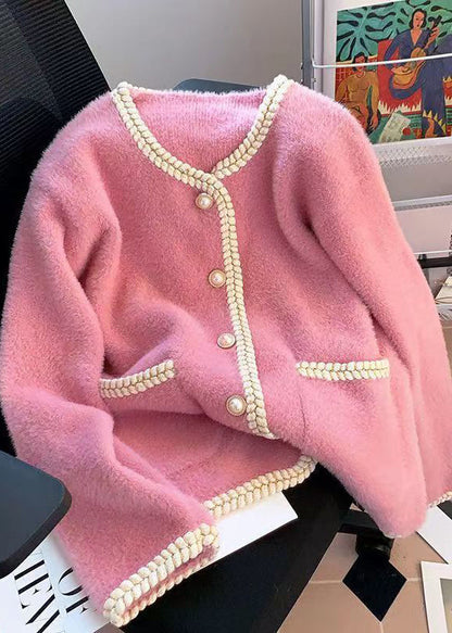 Pink Pockets Button Mink Hair Knitted Coat Fall